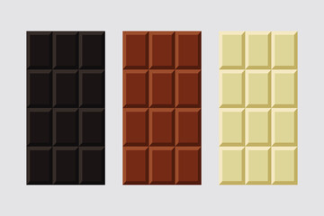 White, Milk and Dark Black Chocolate Bar Icon Set Closeup Isolated on grey Background. Design Template. Chocolate bar package packaging blank pack vector illustration background design. 