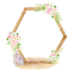 Watercolor wedding arch. Hand drawn wood hexagon archway with flowers isolated on white background. Modern geometric floral frame decoration, rustic natural design, eco decor illustration.