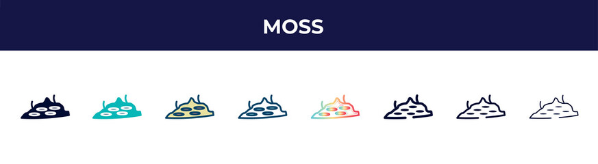 moss icon in 8 styles. line, filled, glyph, thin outline, colorful, stroke and gradient styles, moss vector sign. symbol, logo illustration. different style icons set.