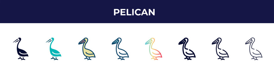 pelican icon in 8 styles. line, filled, glyph, thin outline, colorful, stroke and gradient styles, pelican vector sign. symbol, logo illustration. different style icons set.