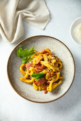 Pasta with pastrami and cheese
