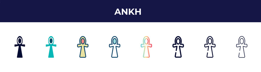 ankh icon in 8 styles. line, filled, glyph, thin outline, colorful, stroke and gradient styles, ankh vector sign. symbol, logo illustration. different style icons set.