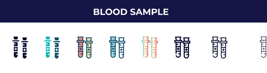 blood sample icon in 8 styles. line, filled, glyph, thin outline, colorful, stroke and gradient styles, blood sample vector sign. symbol, logo illustration. different style icons set.