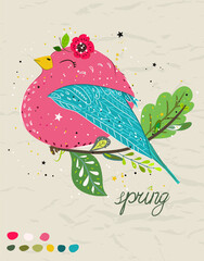 Spring poster with cute cartoon bird in a colorful palette. Vector childish illustration in hand-drawn Scandinavian style.