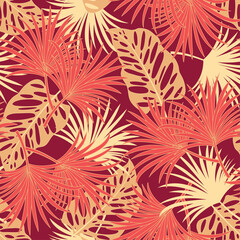 Abstract seamless tropical pattern with bright plants and leaves on a red background. Seamless exotic pattern with tropical plants. Exotic wallpaper. Hawaiian style.