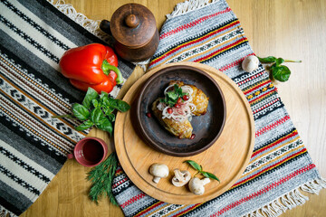 delicious European and Slavic cuisine on the big table waiting for guests. table with food, top view