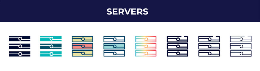 servers icon in 8 styles. line, filled, glyph, thin outline, colorful, stroke and gradient styles, servers vector sign. symbol, logo illustration. different style icons set.