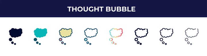 thought bubble icon in 8 styles. line, filled, glyph, thin outline, colorful, stroke and gradient styles, thought bubble vector sign. symbol, logo illustration. different style icons set.
