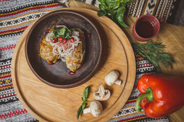 delicious European and Slavic cuisine on the big table waiting for guests. table with food, top view