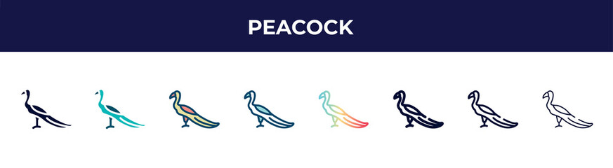 peacock icon in 8 styles. line, filled, glyph, thin outline, colorful, stroke and gradient styles, peacock vector sign. symbol, logo illustration. different style icons set.