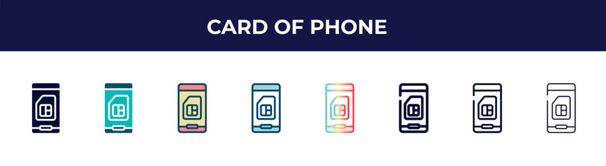 card of phone icon in 8 styles. line, filled, glyph, thin outline, colorful, stroke and gradient styles, card of phone vector sign. symbol, logo illustration. different style icons set.