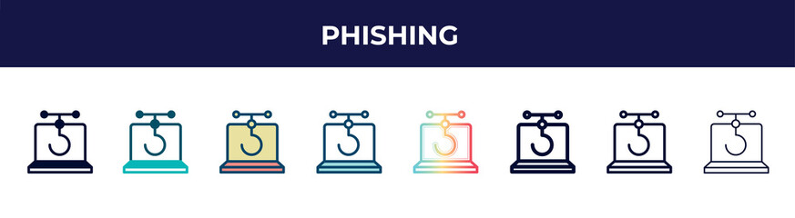 phishing icon in 8 styles. line, filled, glyph, thin outline, colorful, stroke and gradient styles, phishing vector sign. symbol, logo illustration. different style icons set.