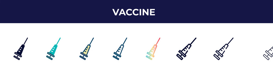 vaccine icon in 8 styles. line, filled, glyph, thin outline, colorful, stroke and gradient styles, vaccine vector sign. symbol, logo illustration. different style icons set.