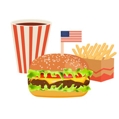Set of fries, hamburger and soda on an isolated background. Colorful fast food concept on a white background.