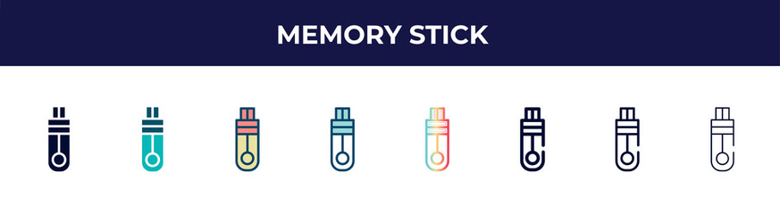 memory stick icon in 8 styles. line, filled, glyph, thin outline, colorful, stroke and gradient styles, memory stick vector sign. symbol, logo illustration. different style icons set.
