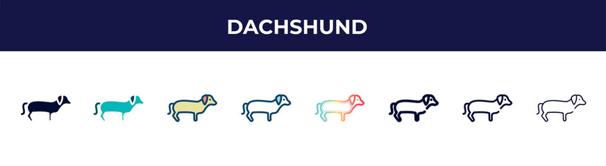 dachshund icon in 8 styles. line, filled, glyph, thin outline, colorful, stroke and gradient styles, dachshund vector sign. symbol, logo illustration. different style icons set.