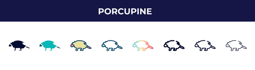 porcupine icon in 8 styles. line, filled, glyph, thin outline, colorful, stroke and gradient styles, porcupine vector sign. symbol, logo illustration. different style icons set.