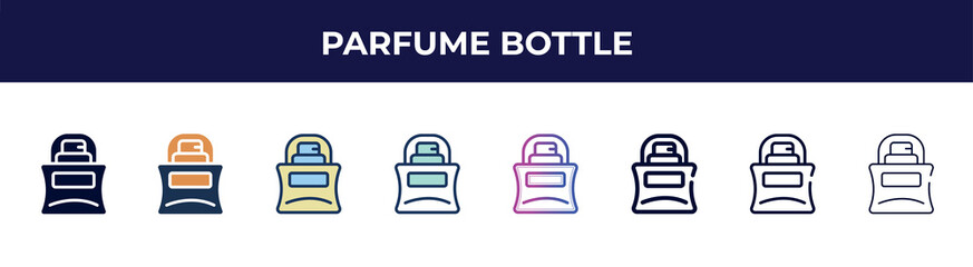 parfume bottle icon in 8 styles. line, filled, glyph, thin outline, colorful, stroke and gradient styles, parfume bottle vector sign. symbol, logo illustration. different style icons set.