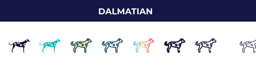 dalmatian icon in 8 styles. line, filled, glyph, thin outline, colorful, stroke and gradient styles, dalmatian vector sign. symbol, logo illustration. different style icons set.