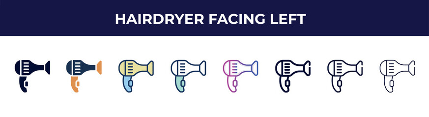 hairdryer facing left icon in 8 styles. line, filled, glyph, thin outline, colorful, stroke and gradient styles, hairdryer facing left vector sign. symbol, logo illustration. different style icons