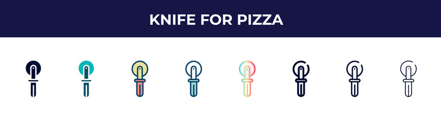 knife for pizza icon in 8 styles. line, filled, glyph, thin outline, colorful, stroke and gradient styles, knife for pizza vector sign. symbol, logo illustration. different style icons set.