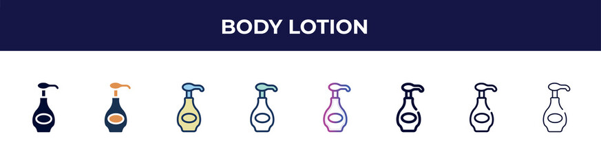 body lotion icon in 8 styles. line, filled, glyph, thin outline, colorful, stroke and gradient styles, body lotion vector sign. symbol, logo illustration. different style icons set.
