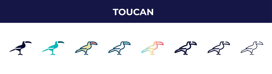 toucan icon in 8 styles. line, filled, glyph, thin outline, colorful, stroke and gradient styles, toucan vector sign. symbol, logo illustration. different style icons set.
