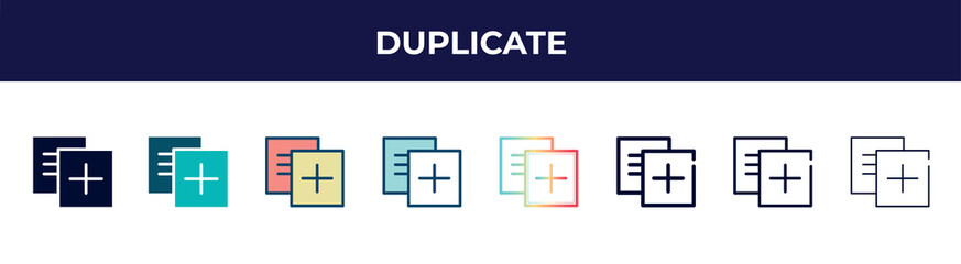 duplicate icon in 8 styles. line, filled, glyph, thin outline, colorful, stroke and gradient styles, duplicate vector sign. symbol, logo illustration. different style icons set.