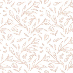 Graphic seamless pattern with hand drawn spring flowers, leaves and petals in sketch style. Floral background. Print for textiles, wrapping paper, wallpaper.