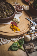 a lot of meat food on the table. Georgian cuisine. top view.