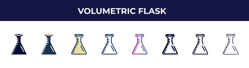 volumetric flask icon in 8 styles. line, filled, glyph, thin outline, colorful, stroke and gradient styles, volumetric flask vector sign. symbol, logo illustration. different style icons set.