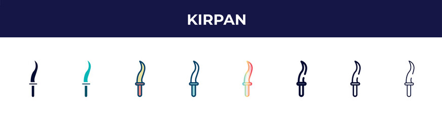 kirpan icon in 8 styles. line, filled, glyph, thin outline, colorful, stroke and gradient styles, kirpan vector sign. symbol, logo illustration. different style icons set.