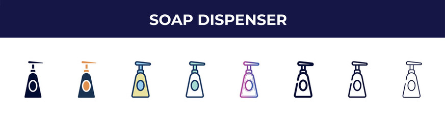 soap dispenser icon in 8 styles. line, filled, glyph, thin outline, colorful, stroke and gradient styles, soap dispenser vector sign. symbol, logo illustration. different style icons set.