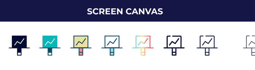 screen canvas icon in 8 styles. line, filled, glyph, thin outline, colorful, stroke and gradient styles, screen canvas vector sign. symbol, logo illustration. different style icons set.