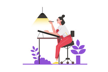 Creative worker concept in flat design. Woman works as artist