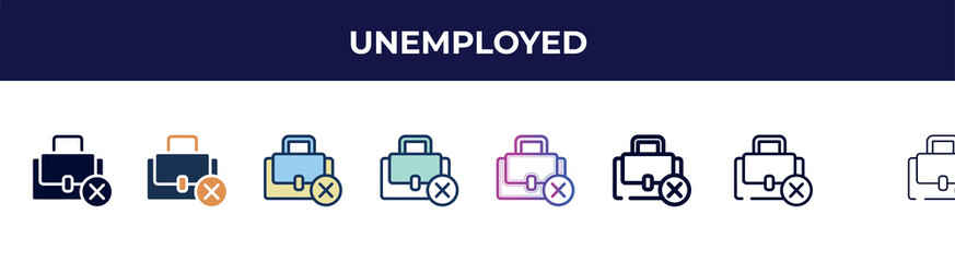 unemployed icon in 8 styles. line, filled, glyph, thin outline, colorful, stroke and gradient styles, unemployed vector sign. symbol, logo illustration. different style icons set. - obrazy, fototapety, plakaty