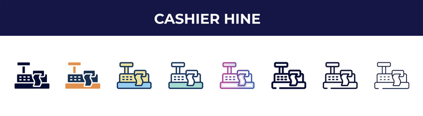 cashier hine icon in 8 styles. line, filled, glyph, thin outline, colorful, stroke and gradient styles, cashier hine vector sign. symbol, logo illustration. different style icons set.