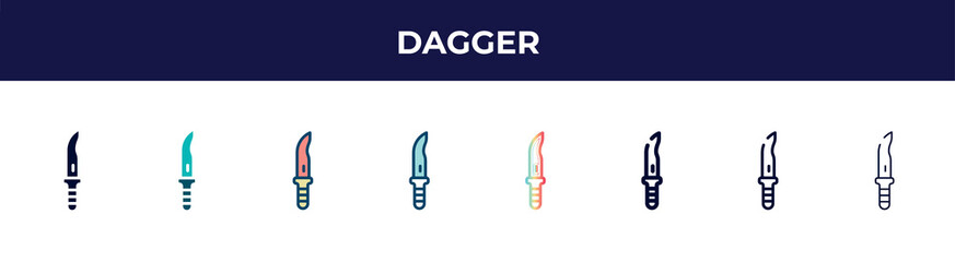 dagger icon in 8 styles. line, filled, glyph, thin outline, colorful, stroke and gradient styles, dagger vector sign. symbol, logo illustration. different style icons set.