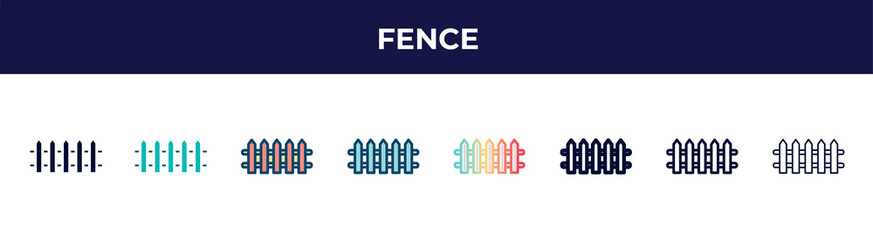 fence icon in 8 styles. line, filled, glyph, thin outline, colorful, stroke and gradient styles, fence vector sign. symbol, logo illustration. different style icons set.