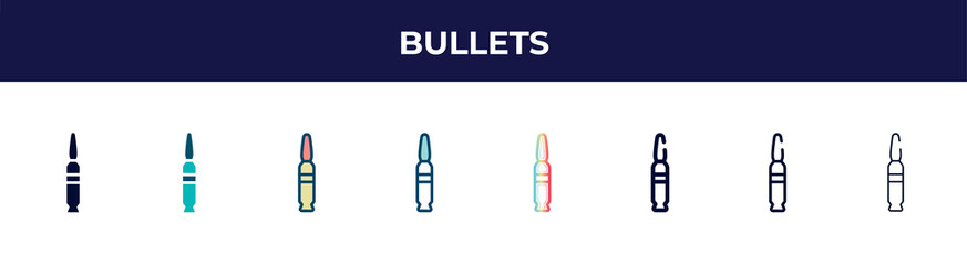 bullets icon in 8 styles. line, filled, glyph, thin outline, colorful, stroke and gradient styles, bullets vector sign. symbol, logo illustration. different style icons set.