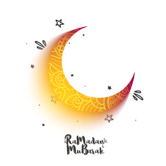 Fototapeta na wymiar Ramadan Mubarak Celebration Concept With Glowing Crescent Moon On White Background.