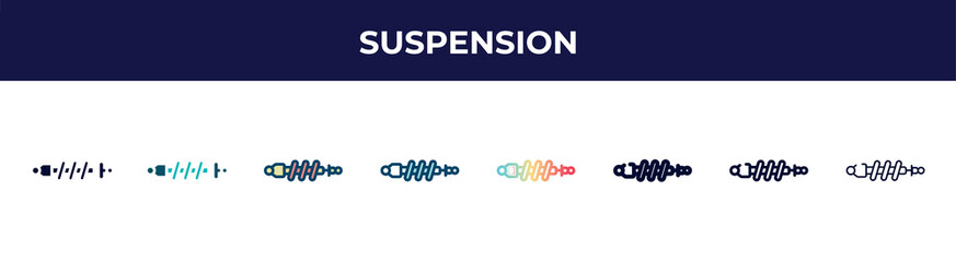 suspension icon in 8 styles. line, filled, glyph, thin outline, colorful, stroke and gradient styles, suspension vector sign. symbol, logo illustration. different style icons set.