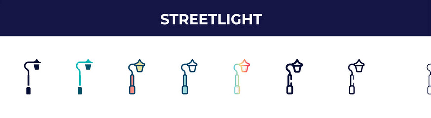 streetlight icon in 8 styles. line, filled, glyph, thin outline, colorful, stroke and gradient styles, streetlight vector sign. symbol, logo illustration. different style icons set.