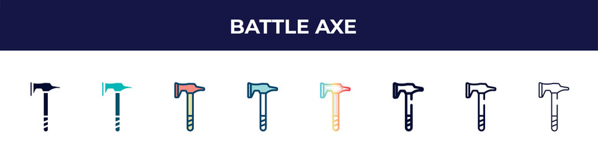 battle axe icon in 8 styles. line, filled, glyph, thin outline, colorful, stroke and gradient styles, battle axe vector sign. symbol, logo illustration. different style icons set.