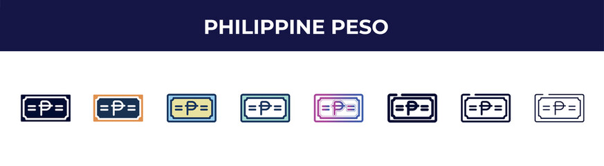 philippine peso icon in 8 styles. line, filled, glyph, thin outline, colorful, stroke and gradient styles, philippine peso vector sign. symbol, logo illustration. different style icons set.