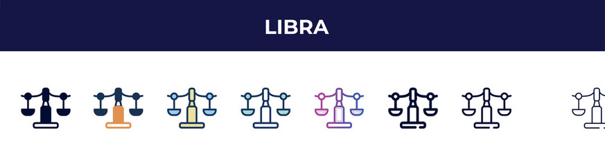libra icon in 8 styles. line, filled, glyph, thin outline, colorful, stroke and gradient styles, libra vector sign. symbol, logo illustration. different style icons set.