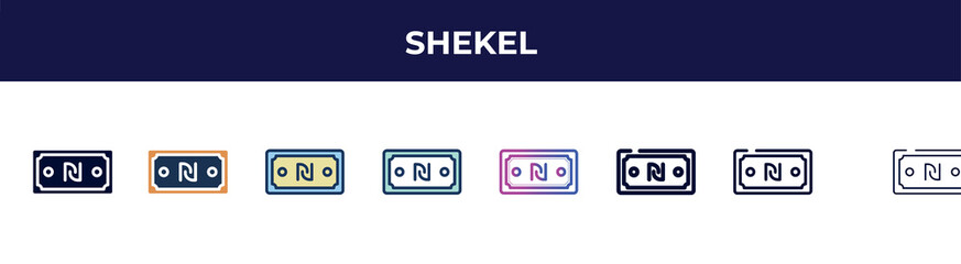 shekel icon in 8 styles. line, filled, glyph, thin outline, colorful, stroke and gradient styles, shekel vector sign. symbol, logo illustration. different style icons set.