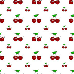 Seamless pattern of two characters cherries on a white background.