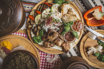 delicious European and Slavic cuisine on the big table waiting for guests. table with food, top view