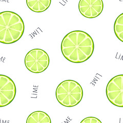 Lime slice citrus on white background. Tropical fruits. vegetarian food. Seamless pattern. illustration.